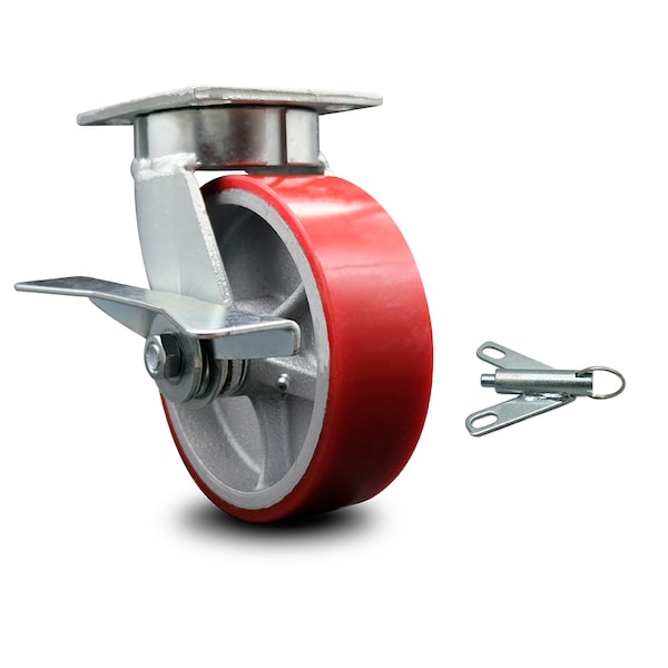 6 Inch Kingpinless Red Poly on Steel Wheel Caster with Brake and Swivel Lock